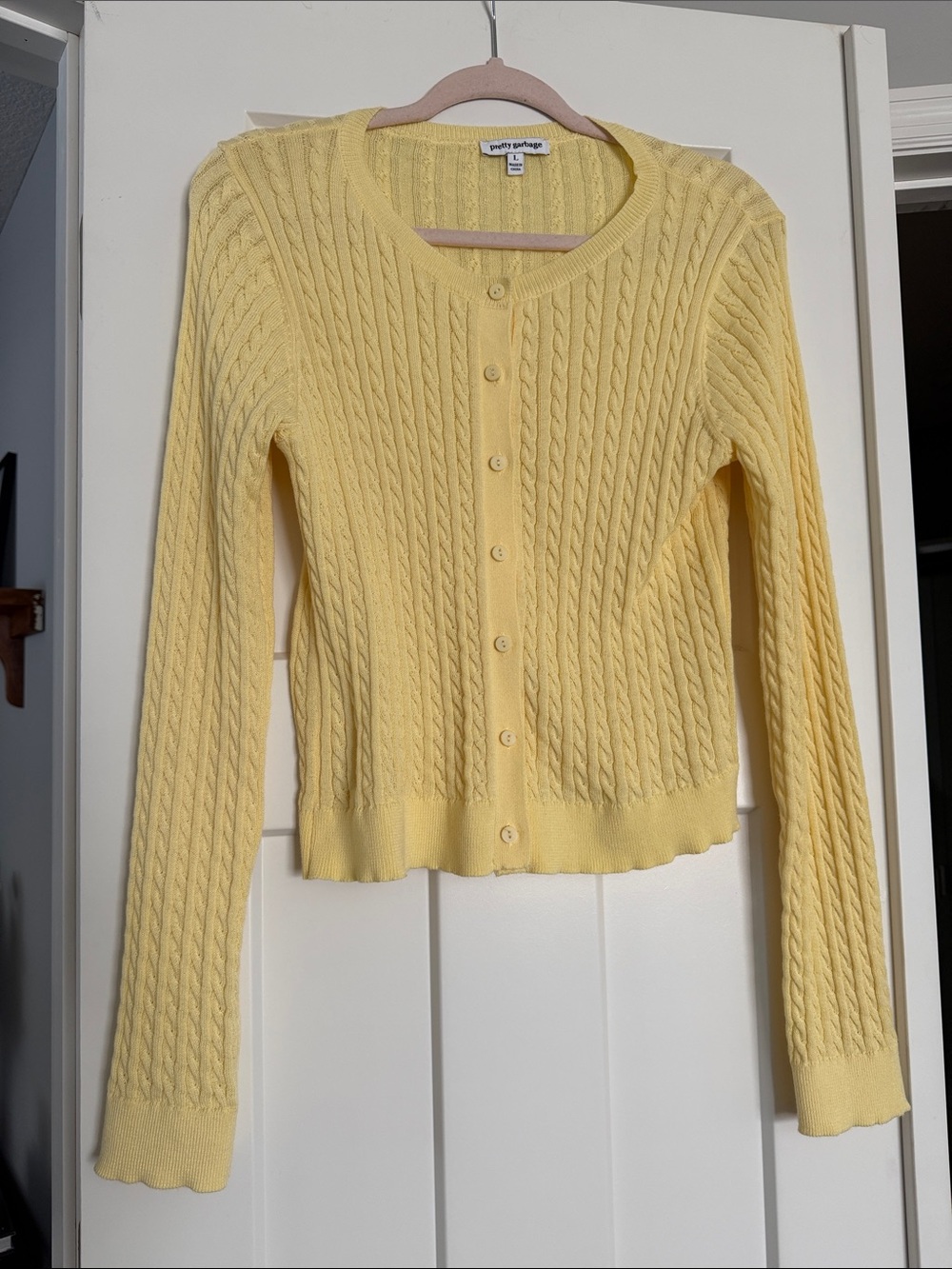 Pale Yellow Cable Knit Button-Front Cardigan